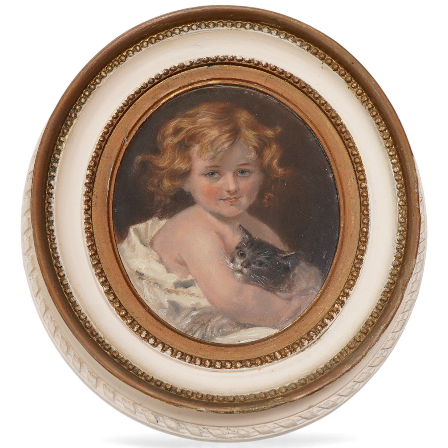 Attributed to John James Masquerier (1778-1855), portrait of a young girl holding a tabby cat, Arthur Ackermann label and ink inscription verso, oval oil, 15.5 x 12.5cm